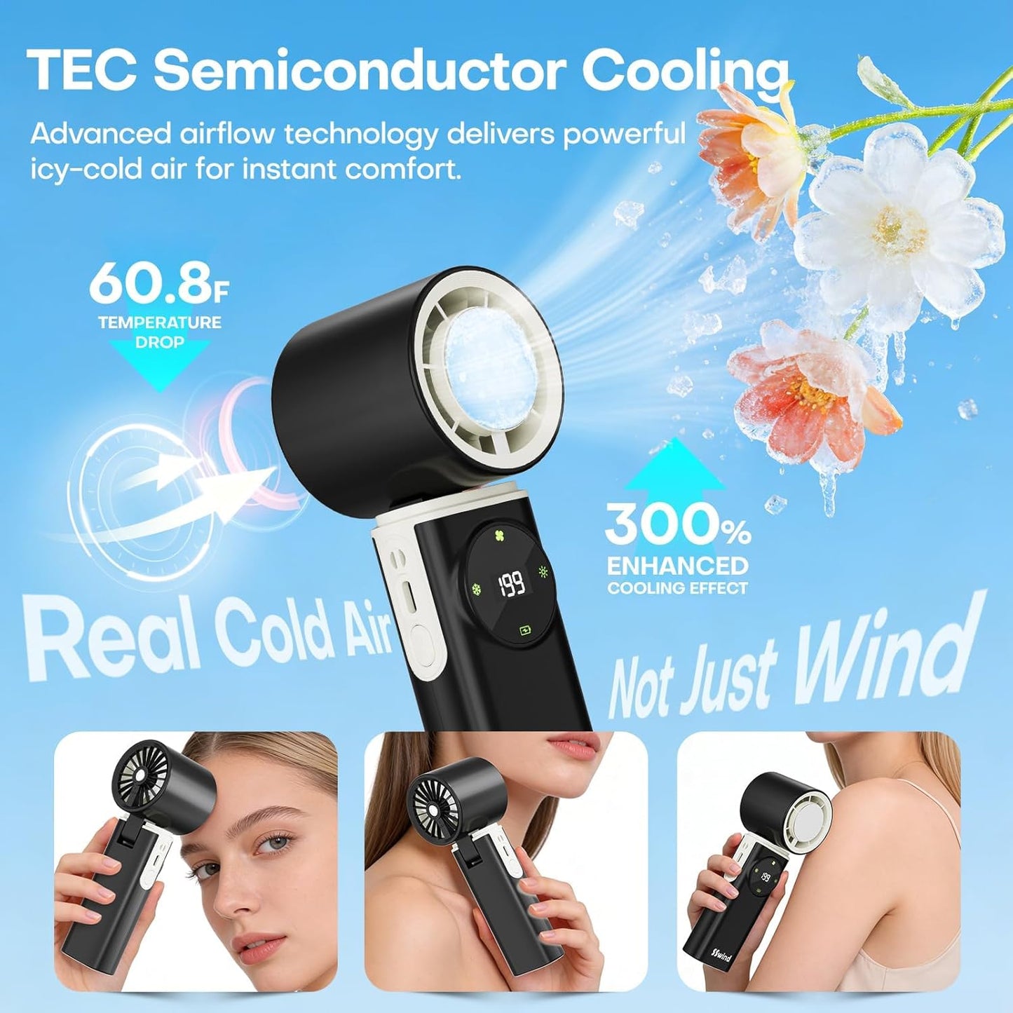 6000mAh Portable Handheld Fan with Ice Cooling, 199 Levels Stepless Speed, 20H Long Battery Life, 20000RPM Turbo Fan Rechargeable Personal Mini Fan for Travel, Outdoor, Makeup (Black)