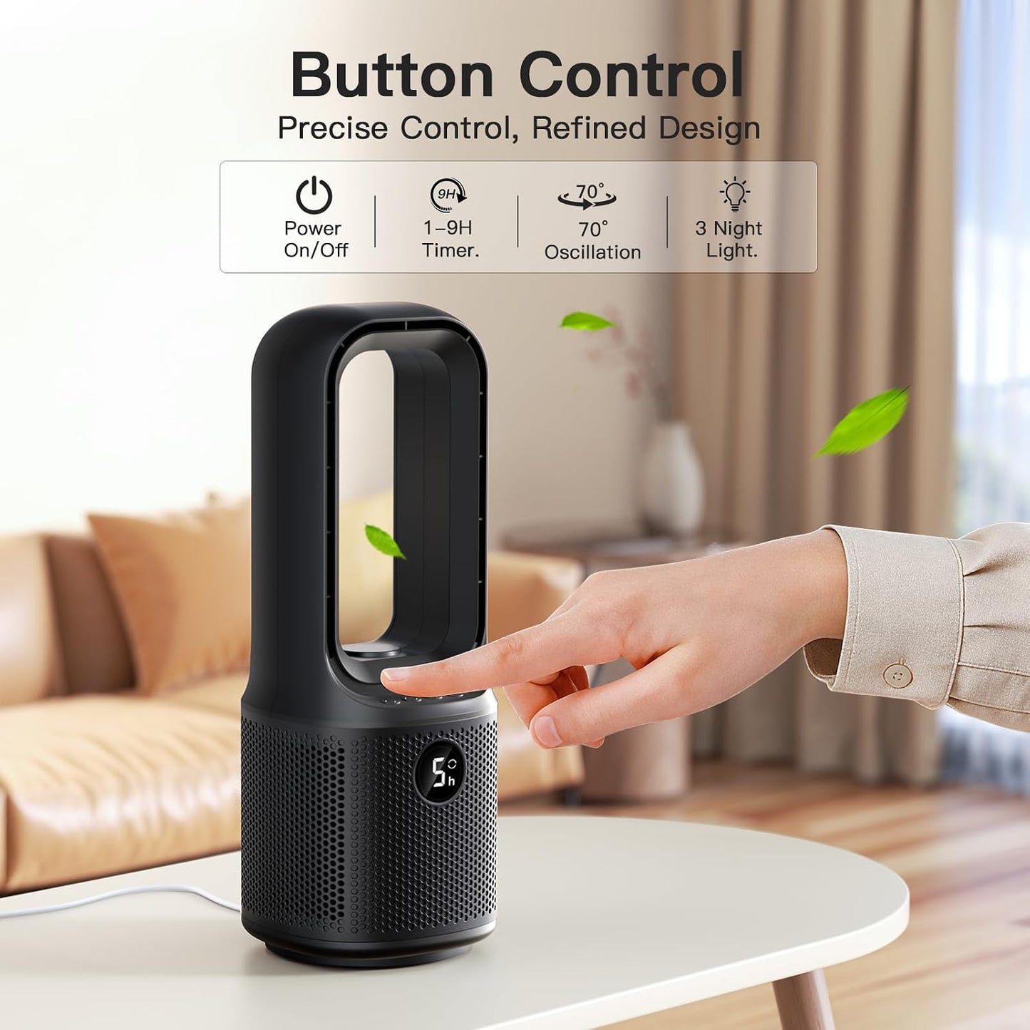 let'me Bladeless Desk Fan Small Quiet, 5-Speed Bedside Table Fan with 3-Level Brightness Night Light, 72° Oscillation, 9-Hour Timer, Wired Power with Adapter, Fan for Bedroom Office Home, 13x5 Inch