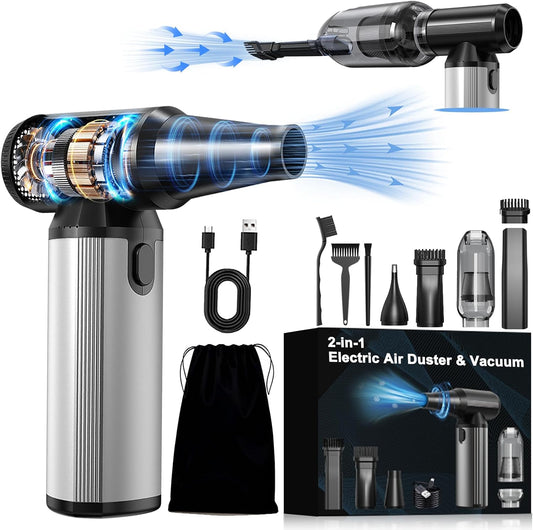Compressed Air Duster & Vacuum, 320000RPM Rechargeable Electric Blower | Ergonomic Aluminum Alloy Grip, Brushless Motor, 3-Gear Adjustable Dust Blower for Keyboard, PC, Car, Home, outdoor Cleaning