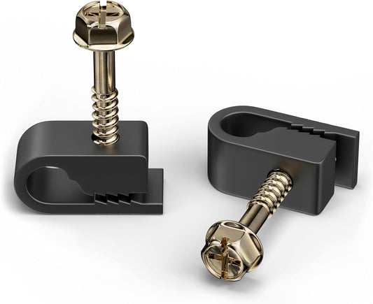 THE CIMPLE CO Single Cable Clips with Screws - 1/4 Inch Coaxial Cable Clamps Outdoor - Exterior Cord Management for Coax, CAT Ethernet, Electrical Wire - Screw Clamps for Wires - 100 PCS, Black