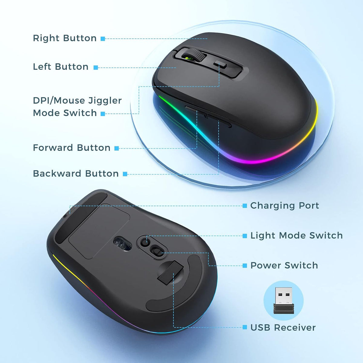 PEIOUS Wireless Mouse Jiggler, LED Mouse with Built-in Mouse Mover, Black | Rechargeable, Silent Clicks, Adjustable DPI and Random Movement Keep Computers Awake for Work-Life Balance on Laptop/PC/Mac