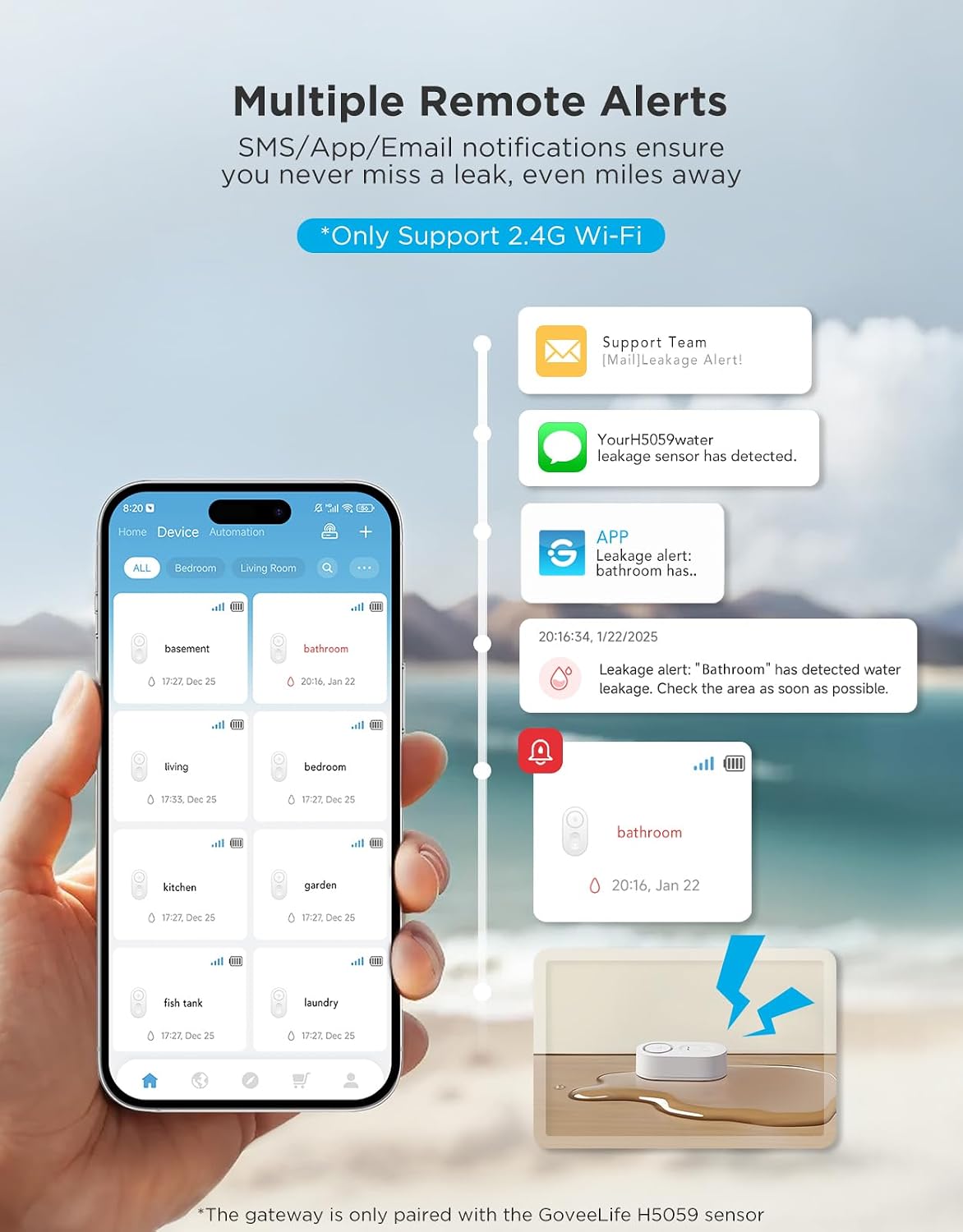 GoveeLife Upgraded Smart Water Leak Detector 1s with 1804ft Ultra-Long Range, WiFi Water Sensor with SMS/Email/APP Push and Sound Alarm,5-Year Battery Life, 4 Pack, Suit for Home, Basement, Kitchen