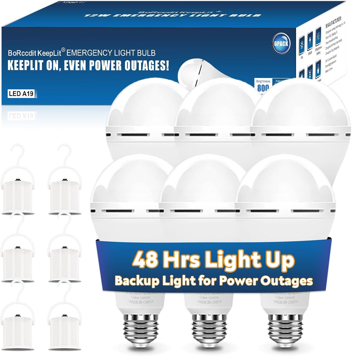 BoRccdit KeepLit 8 Pack Emergency Rechargeable Light Bulbs, 48H Long Lasting & 3 Brightness Power Outage Lights,12W 5000K Battery Backup Emergency Light Bulbs for Home Power Failure Hurricane