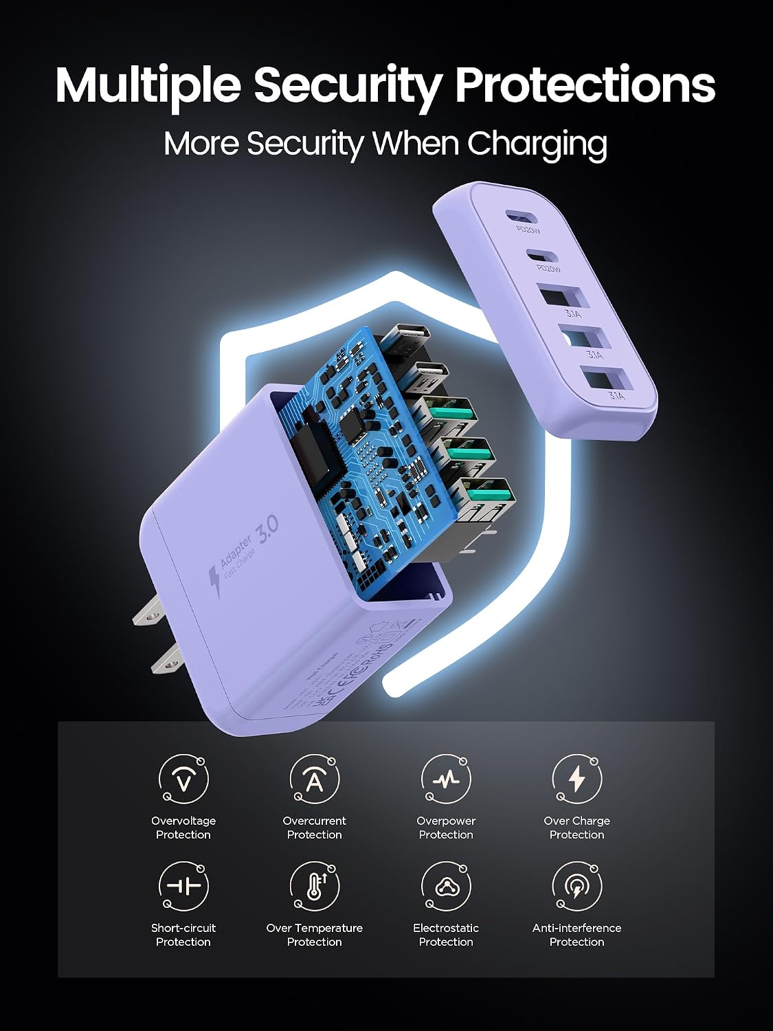 USB C Charger Block,EIZLXQ [2-Pack] Type C Charger Fast Charging,50W 5-Port USB Wall Chargers Multiport Type C Charging Block Cube for iPhone 17 16 15 14 13 12 11 Pro Max XS,iPad,Samsung&More-Purple