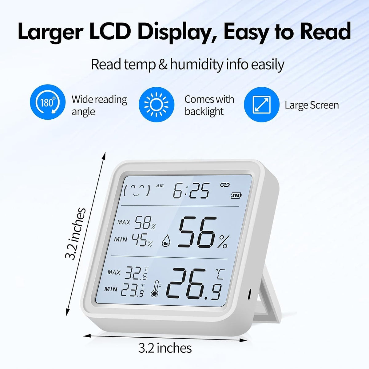 eMylo WiFi Thermometer Hygrometer with App Alerts, 3.2” Backlit Display | Smart Wireless Indoor Temperature Humidity Remote Monitor, Alexa Google Compatible, Data Export for Home Greenhouse Bedroom