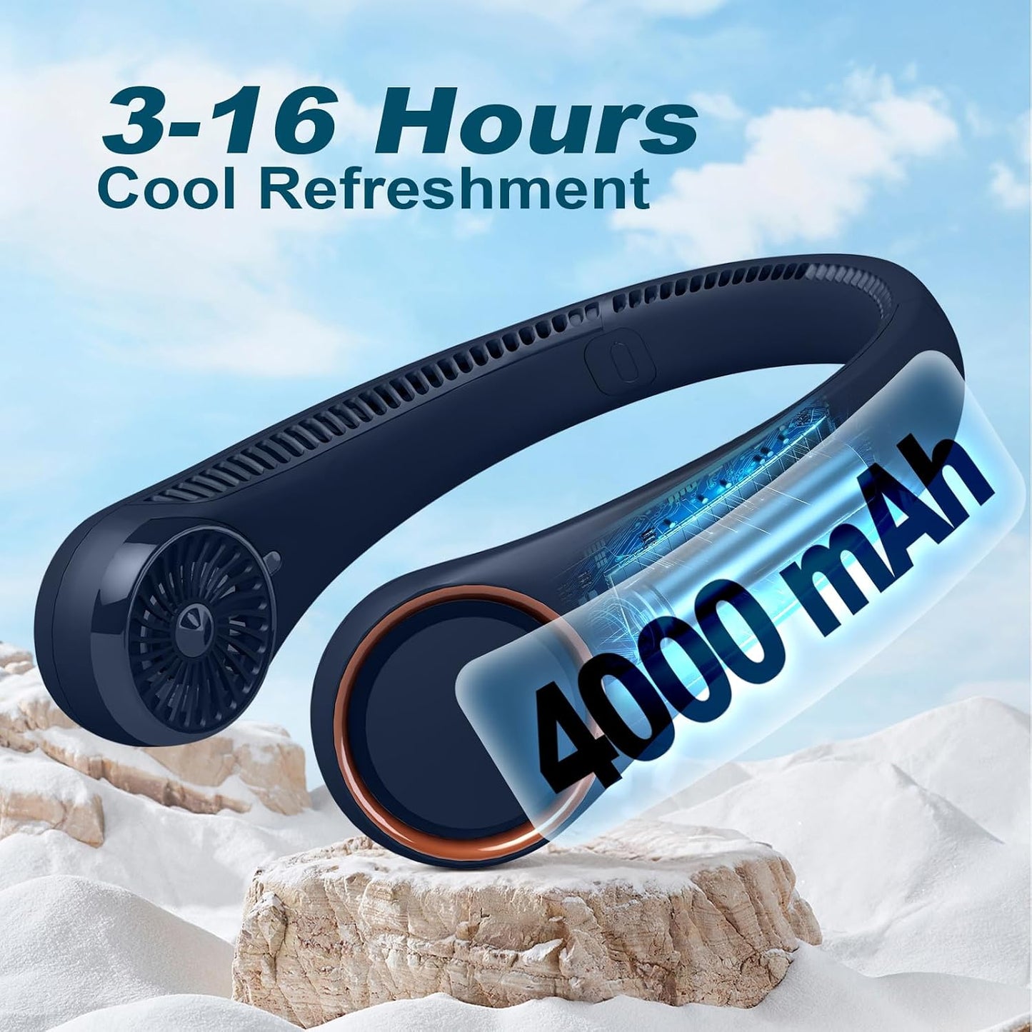CIVPOWER Neck Fan: Portable Personal Neck Cooling Rechargeable Bladeless Fan - Hands Free 3 Speed 4000 mAh Battery USB Operated Wearable Headphone Design - Gift for Men Women Outdoor (Dark Blue)