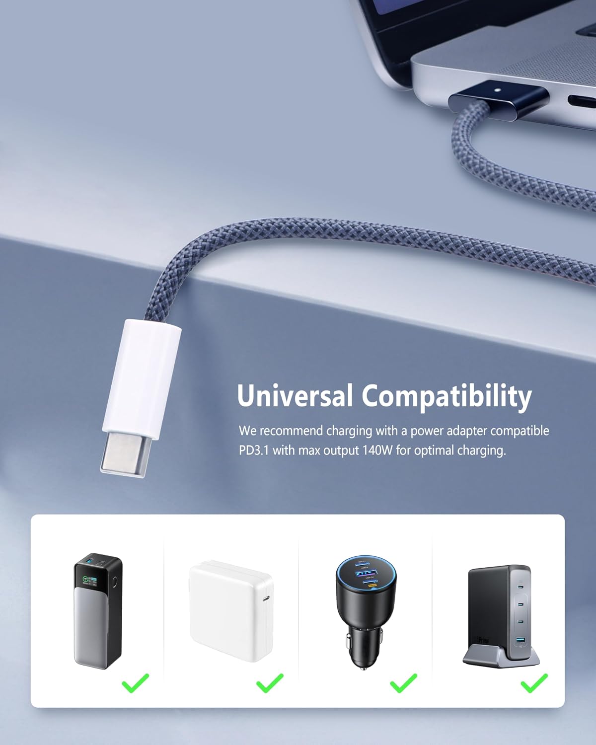 DERLULU Magnetic Charger Cable for MacBook Air & Pro, 6.6 ft, Midnight Blue | USB-C to Magnetic Cable, Compatible with MacBook Air 13"/15" M2–M5, for MacBook Pro 14"/16" 2021–2026