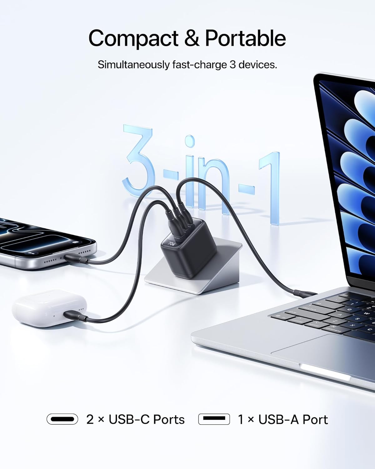 Baseus Enerfill 70W USB C Charger, Fast Charging Block with Foldable Plug | 3 Port GaN Wall Brick Charger Type C for MacBook Pro, iPad Pro, iPhone 17/16/15 Series, Galaxy S25/24, Airpods 4 & More
