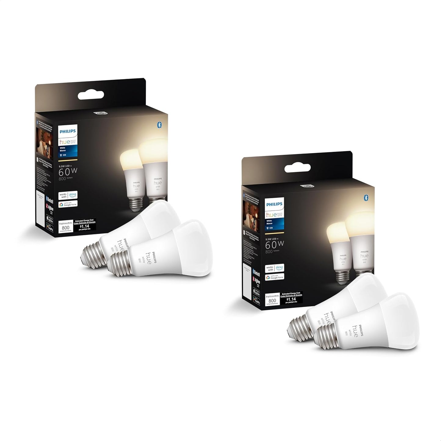 Philips Hue Smart 60W A19 LED Bulb - Soft Warm White Light - 4 Pack - 800LM - E26 - Indoor - Control with Hue App - Compatible with Alexa, Google Assistant and Apple Homekit
