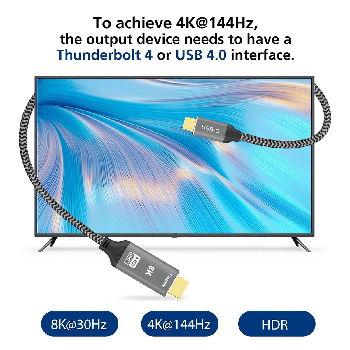 USB C to HDMI 2.1 4K@144Hz 6.6FT Aluminum Type-C to HDMI 8K Braided Cord - Thunderbolt 4/3 Compatible - Future UHD Visual Feast - Support 48Gbps/HDCP2.3/HDR 6.6FT(8K@30)