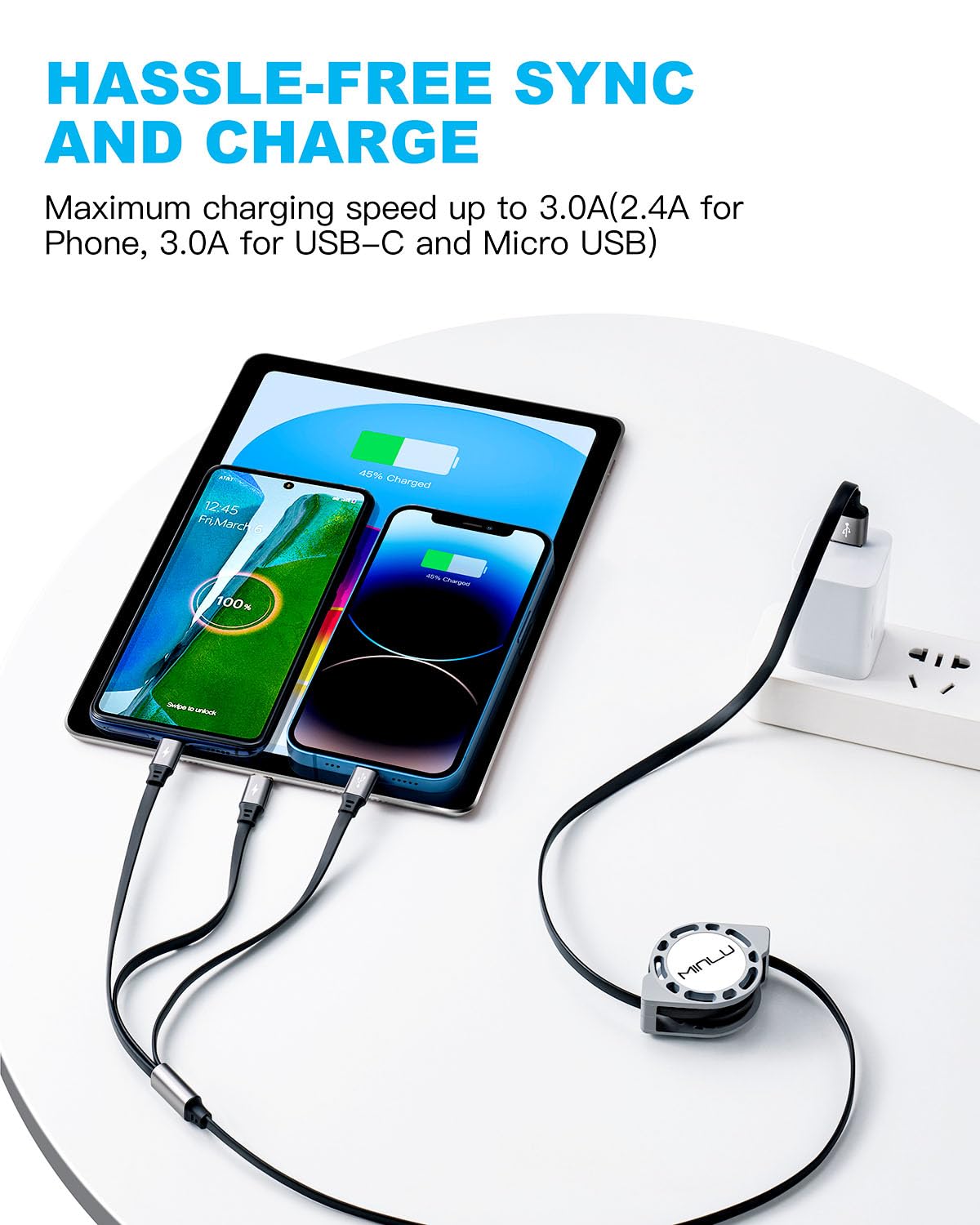Multi Charging Cable 3A, Retractable Car Charger Cord for Multiple Devices | 3 in 1 Retractable Cable,USB C Data Sync Fast Charger Cord Adapter with Lightning/Type C/Micro USB Ports for Cell Phones 4ft