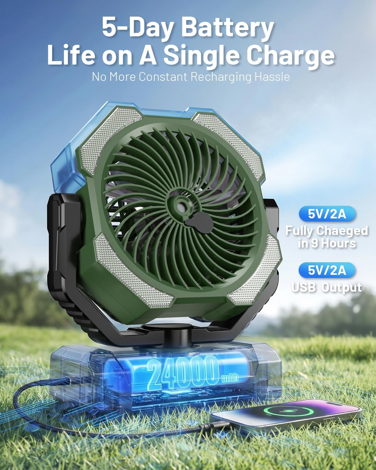 Misting Fan, Portable Camping Fans with 9oz Water Tank, 24000mAh Rechargeable Fan with 4 Speed, Battery Powered Fans with 120H Cooling, Last 5H Mist, 2 Mist Modes, Light, Outsides/Summer Essential