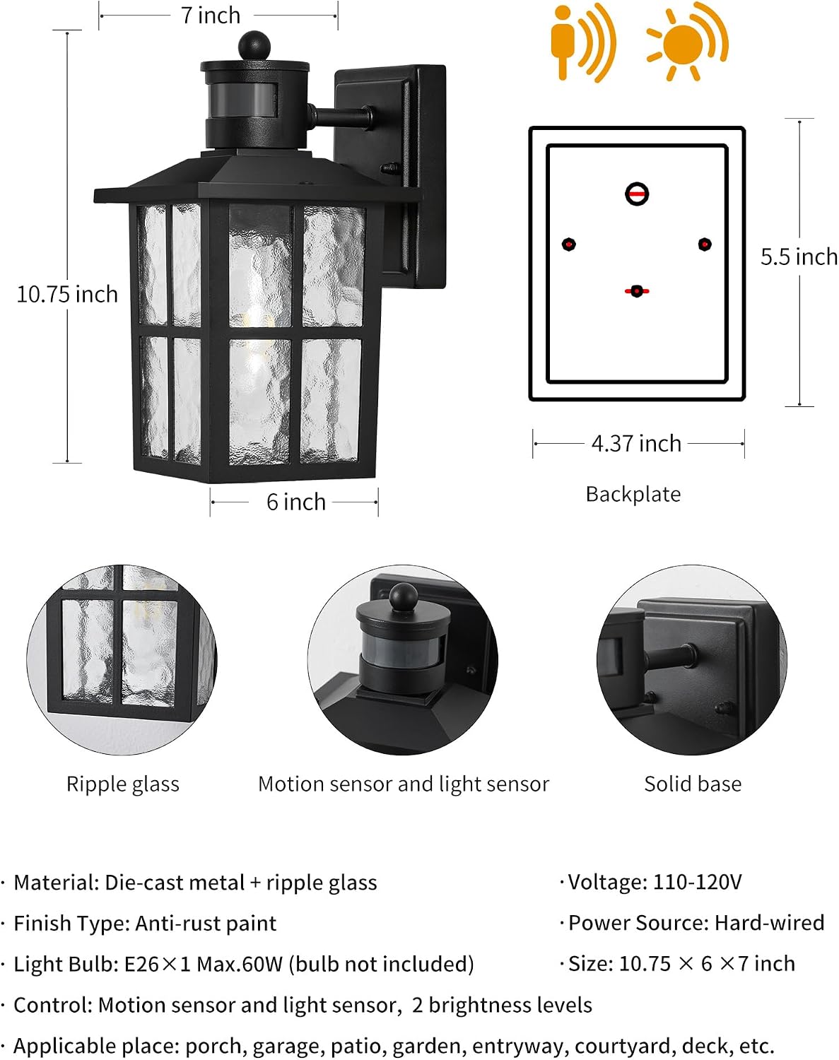 KDG Black Outdoor Motion Sensor Modern Patio Wall Light Fixtures Set of 2