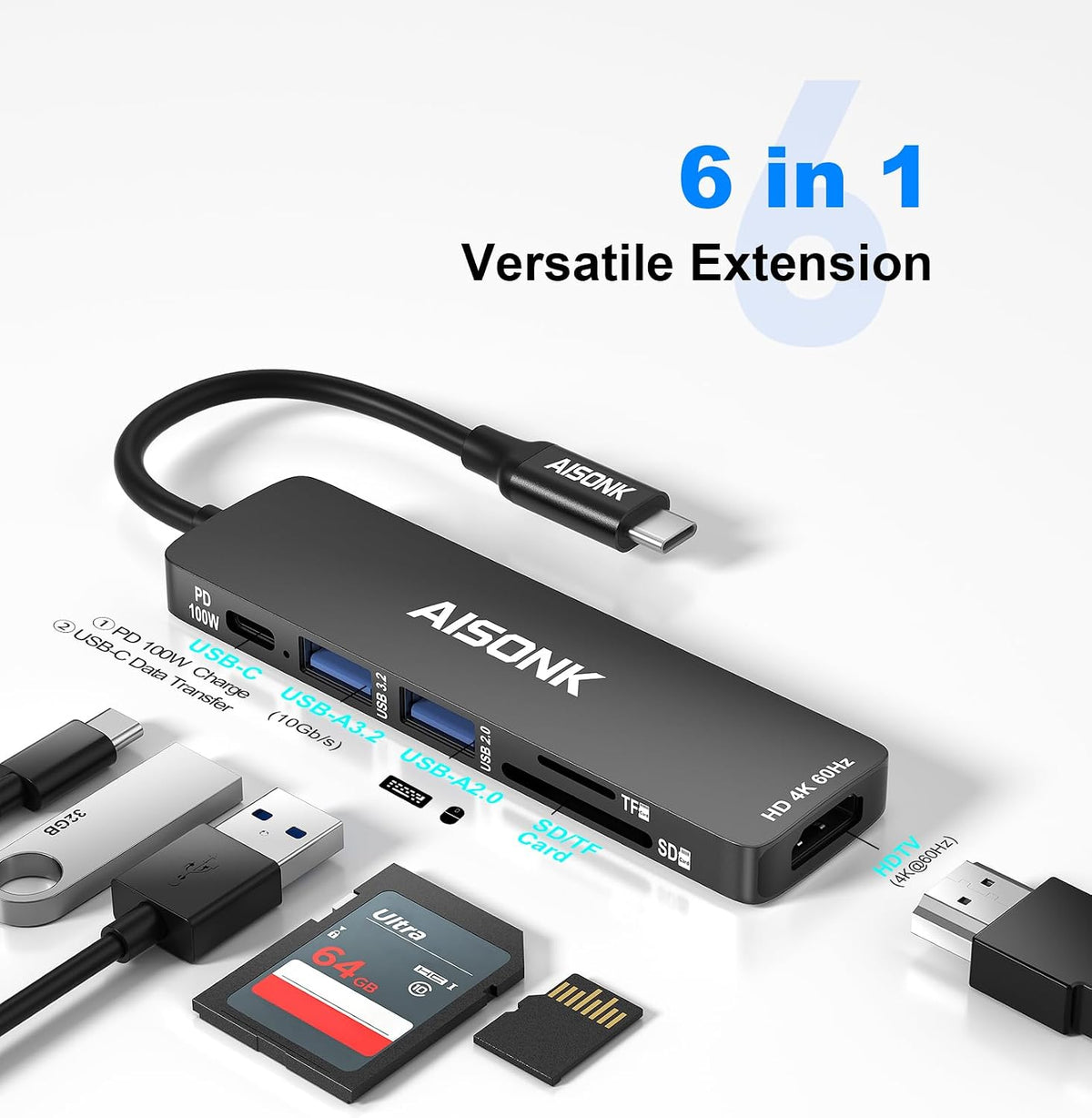 USB C Hub, 4K@60Hz C to HDTV Multiport Hub Adapter, 100W PD, 10Gb/s USB 3.2