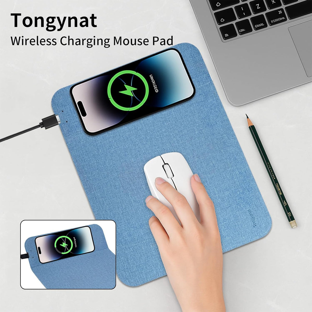 Fast Wireless Charging Mouse Pad 15W, Office Desk Pad with Ultra-Smooth Surface Non-Slip Rubber Base, Waterproof Mousepad for Computers/Office/Work/Home/Pad for iPhone Samsung (Khaki)