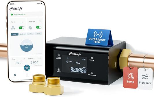 Frizzlife LP365 Smart Water Monitor and Automatic Shutoff Valve - 0.01GPM Ultrasonic Micro Leak Detection, APP Wi-Fi Remote Control, Real-Time Flow/Temp Alarm, 24/7 Water Usage Reports, 3/4" and 1"