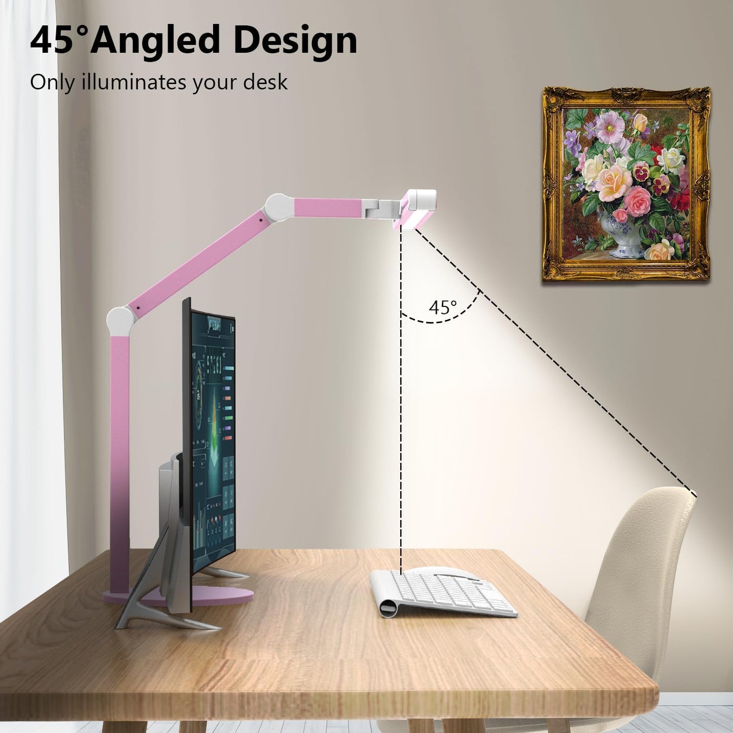 Led Desk Lamp with Base, Adjustable Tall Architect Desk Light for Home Office with Flexible Swing Arm, 24W Pink Bright Table Lamp Auto Dimming Computer Light for Workbench