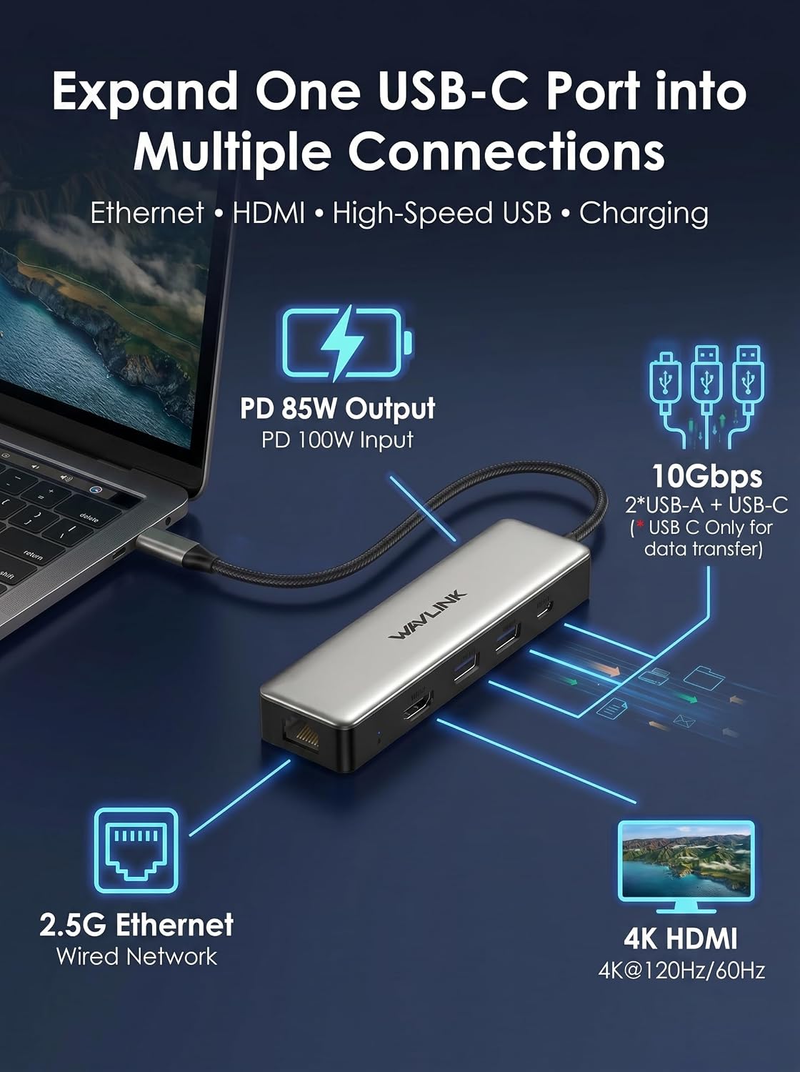 USB C Hub 2.5G Ethernet, WAVLINK 10Gbps USB C Hub with 2.5Gb RJ45 Port