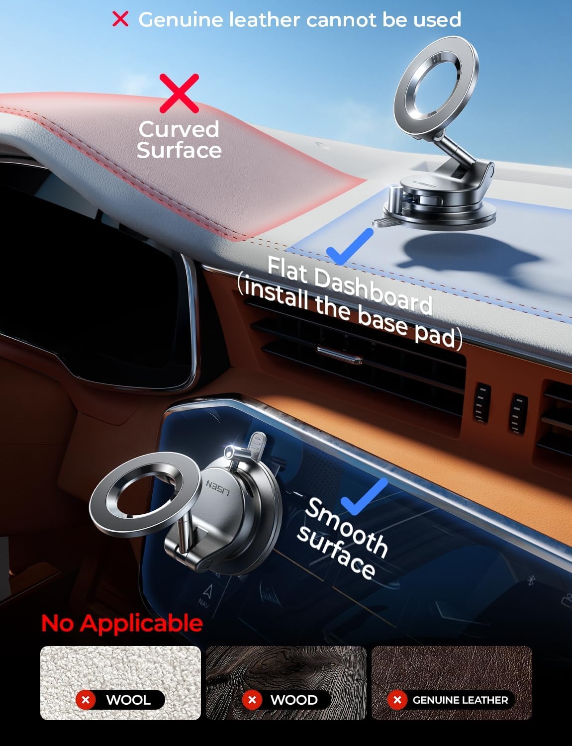 LISEN for Magsafe Car Mount, Magnetic Phone Holder for Car, Strong Suction | Car Accessories for Women Men Jeep BMW, Vacuum Suction Phone Holder Gifts Kits, for iPhone 17 Pro Max 16 15 14 13 12