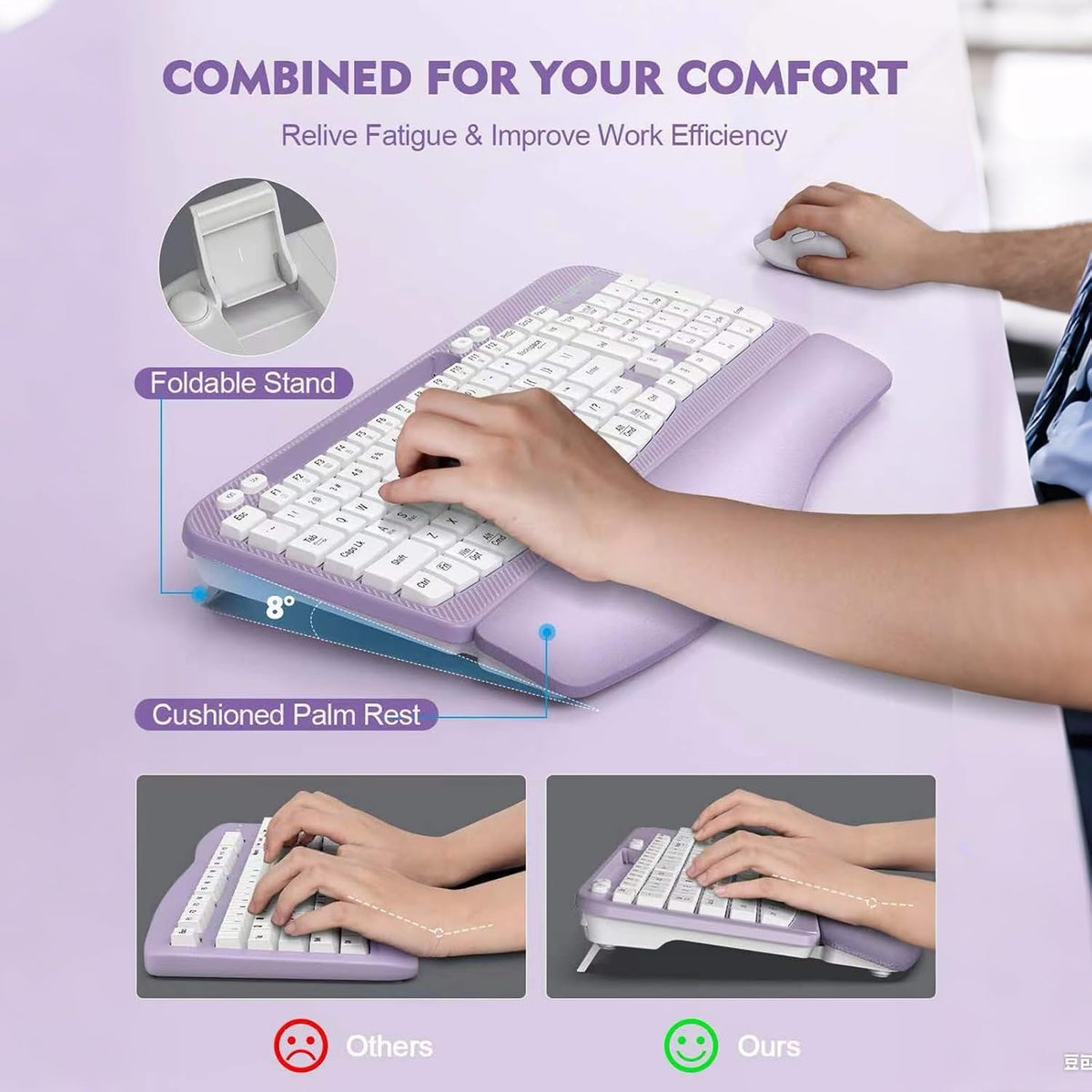 Wireless Keyboard and Mouse Combo, Full-Sized Ergonomic Wave Keys Keyboard with Memory Foam Wrist Rest & Phone Holder, 2.4G Quiet Keyboard Mouse Work Setup for PC Laptop, Office or Home (Purple)