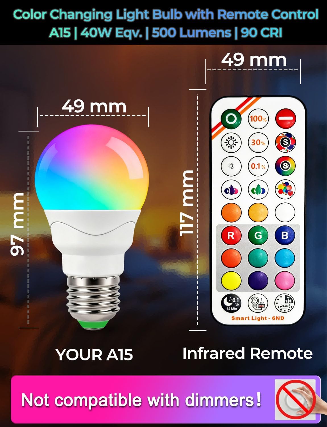 iLC A15 LED Color Changing Light Bulb, 5W (40W Equivalent), 500LM, 9 Colors 3CCT, E26 Base, IR Remote Control Light Bulbs with Timing & Sleep Mode, for Multi-Pendant, Ceiling Fans, Table Lamps, 4 Pack
