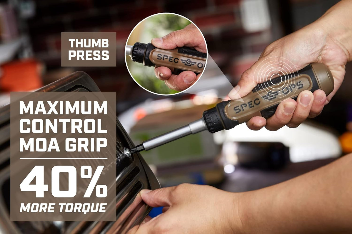 Spec Ops Tools Multi-Bit Screwdriver for Tool Belt, Tool Box, Magnetized Double-Sided Bits and Cr-Mo Steel Shaft, Ratcheting, 12-in-1