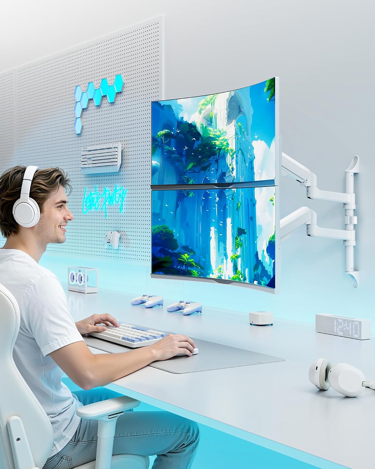 ARES WING 17-40 Inch Ultrawide Vertical Dual Monitor Wall Mount, White | Heavy Duty Monitor Arm Up to 26.4 lbs, Fully Adjustable Wall Mount, VESA 75x75/100x100 Compatible