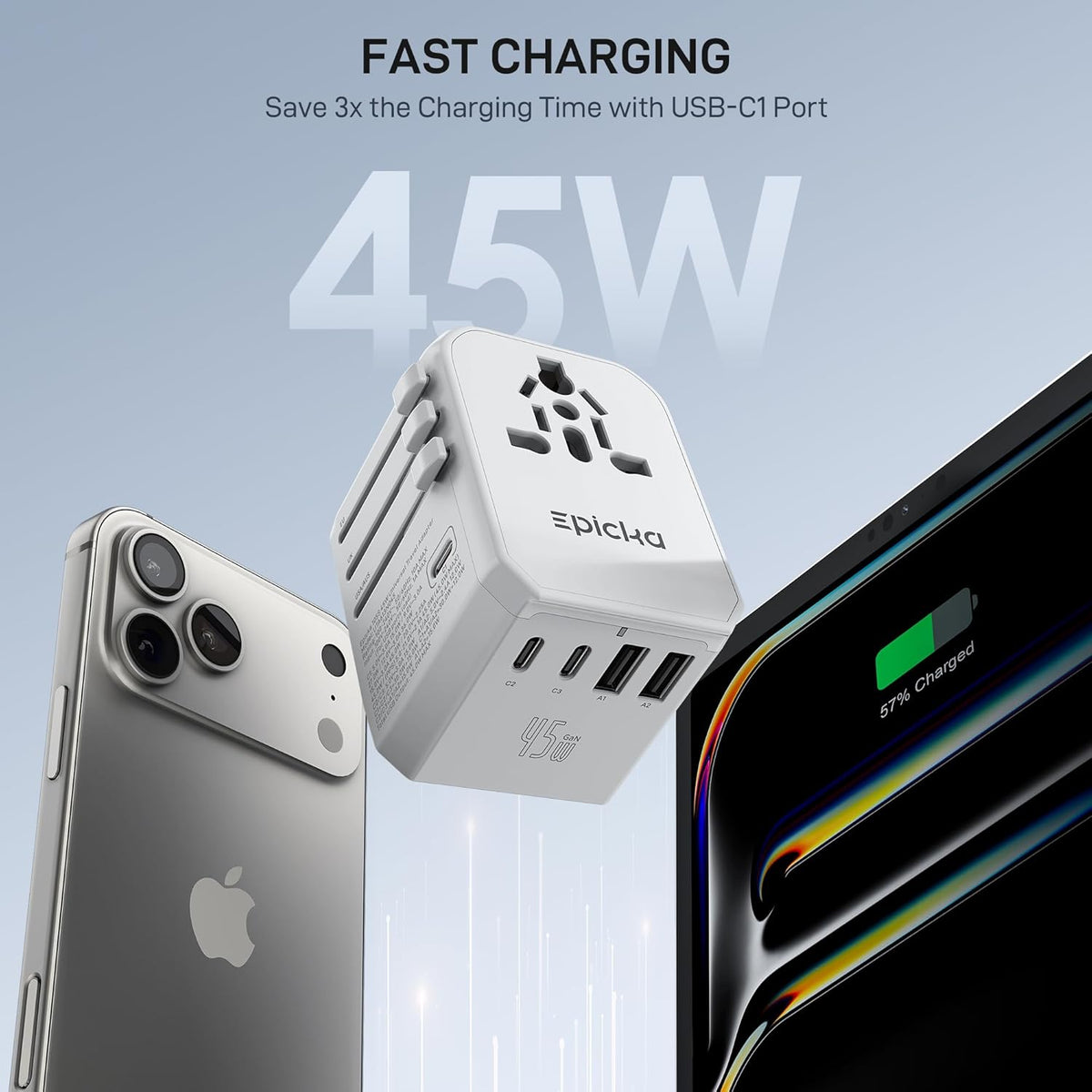 EPICKA 45W Universal Travel Adapter PD&QC, 1AC/4USB-C/1USB-A | Travel Plug Adapter for EU/US/UK/AUS, Fast Charging for Multi-Device, Not A Voltage Converter, TA-105S, White