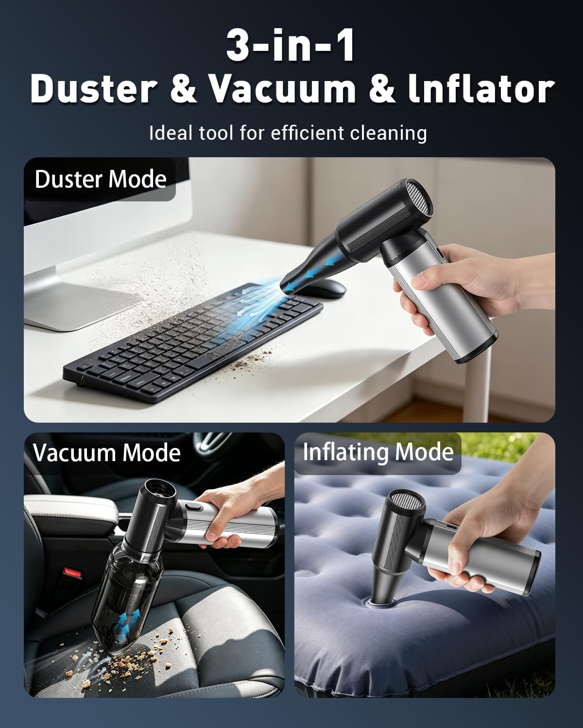 Compressed Air Duster & Vacuum, 320000RPM Rechargeable Electric Blower | Ergonomic Aluminum Alloy Grip, Brushless Motor, 3-Gear Adjustable Dust Blower for Keyboard, PC, Car, Home, outdoor Cleaning