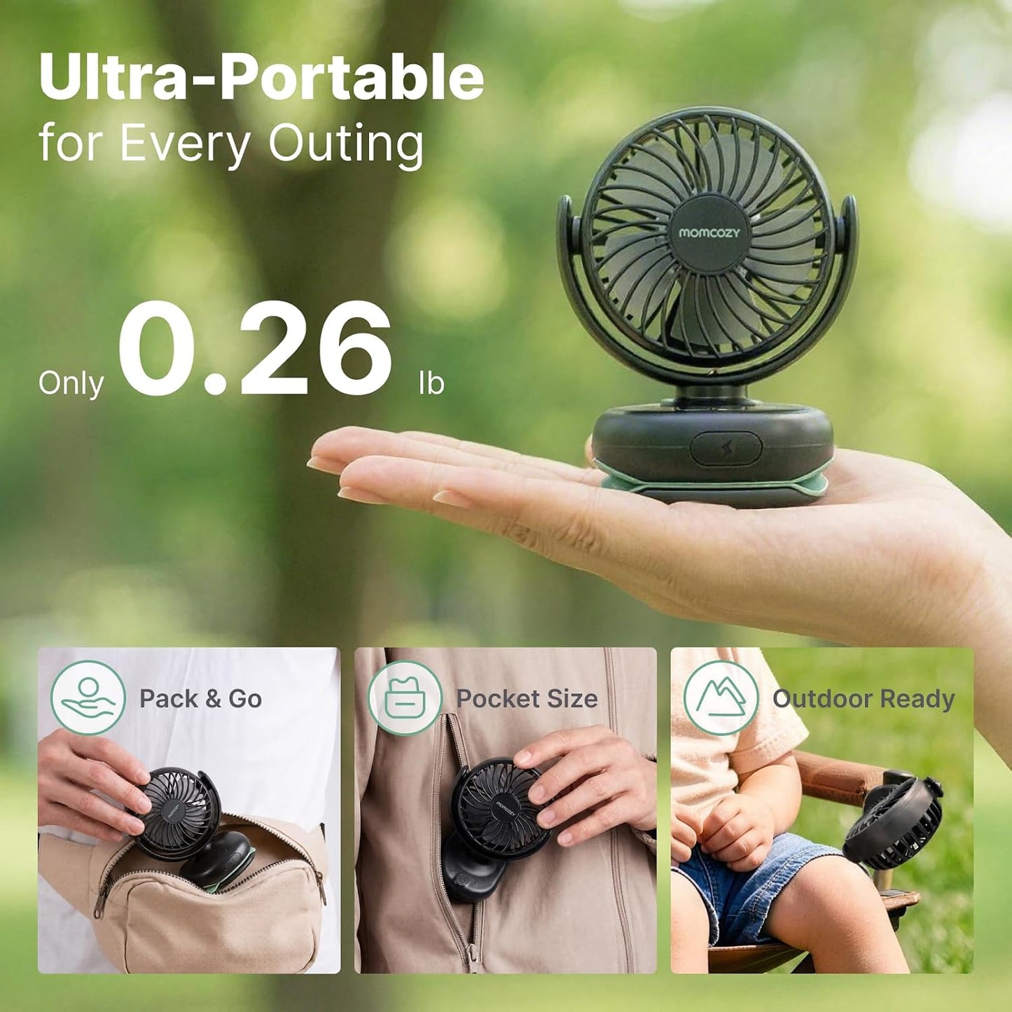 Momcozy Portable Stroller Fan with Clip, 4-Speed Mini Cooling Fan, 0.26 Lb | Ultra-Light Rechargeable Design, Gaps ≤ 4.5 mm, Rotating Handheld Cooling for Carriers, Backpacks and Tables