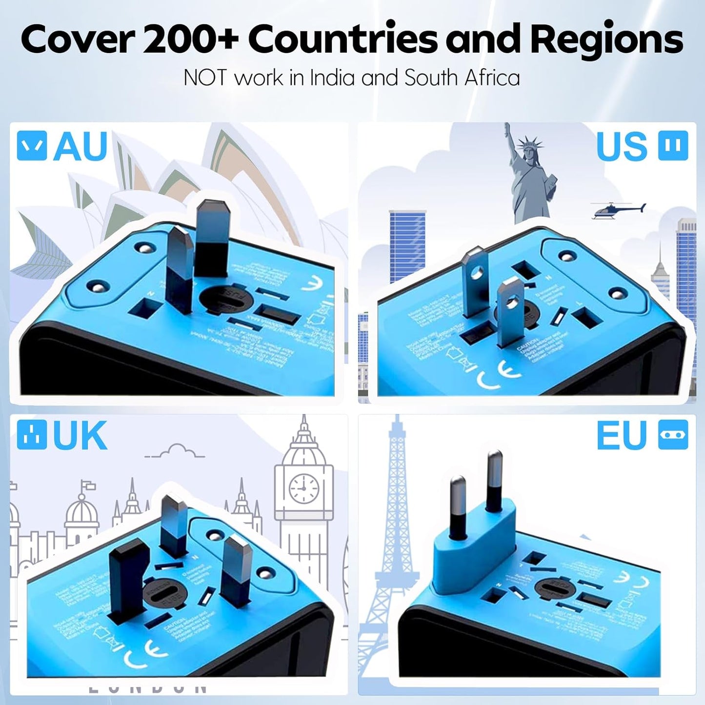 Universal Travel Adapter, 2 USB-C & 2 USB-A Ports, 2500W AC Outlet | All-in-One International Plug Adapter, EU/US/UK/AU Plugs, Compact Worldwide Travel Charger for Trips in 200+ Countries
