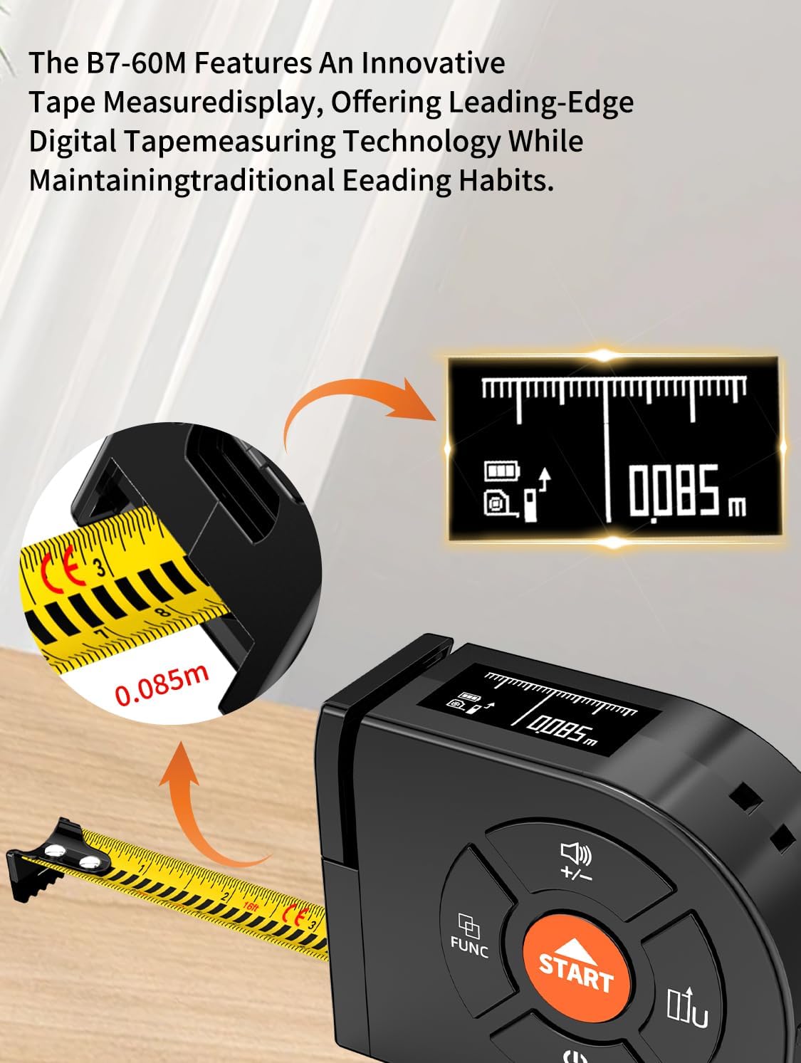 Laser Tape Measure 3-in-1, 196ft/60m Laser Distance Meter, 16ft/5m Digital Tape Measure, Regular Tape Measure, Area Volume Measuring Pythagorean Mode, Rechargeable