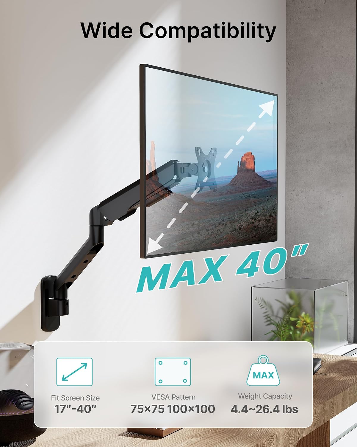PEGZONE Single Monitor Wall Arm 17"-40" Ultrawide 26.4Lbs VESA Black | Fully Adjustable, Space Saving Design, VESA 75x75 & 100x100, For Home Office Gaming, Supports Ultrawide Displays
