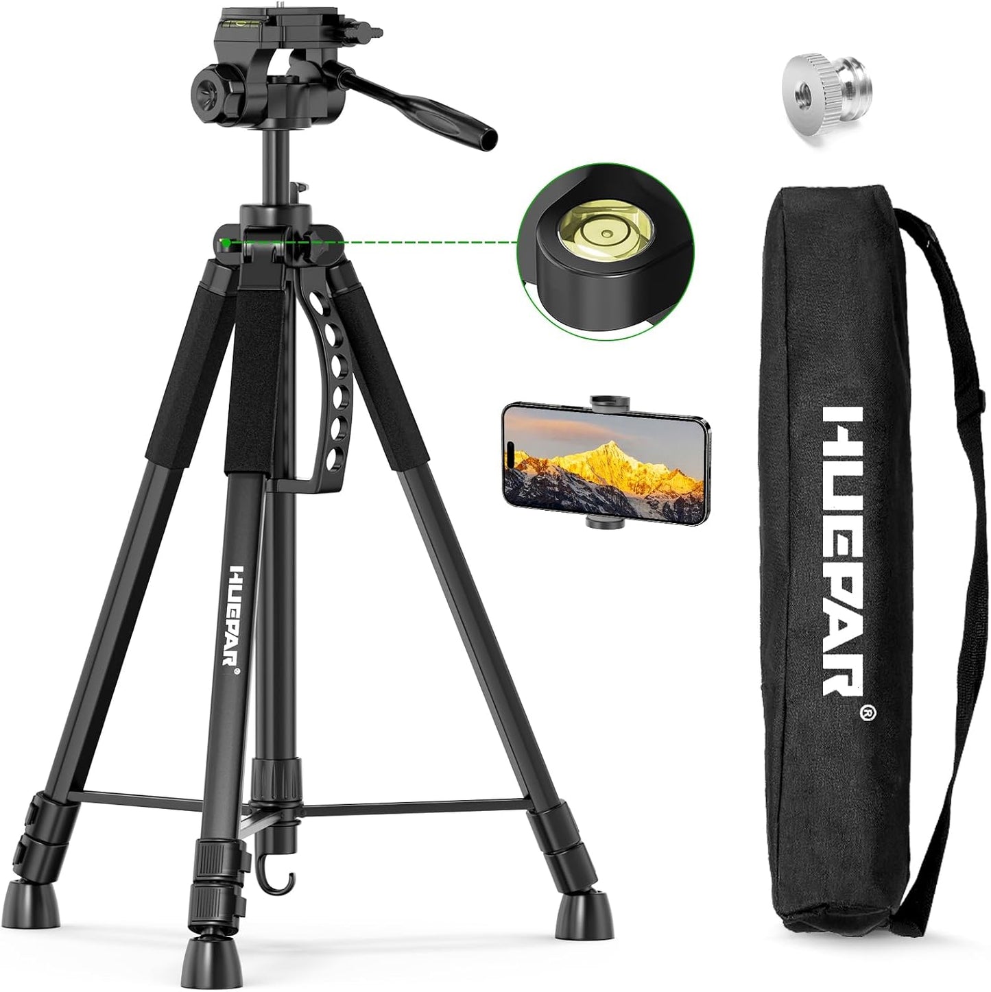 Huepar Professional Laser Level Tripod, Fathers Day Dad Gifts, 68 Inch Adjustable Height, Suit for Heavy Duty Lasers Levels, Point Laser, Distance Measure - Phone Holder, 1/4" & 5/8" Thread Mount