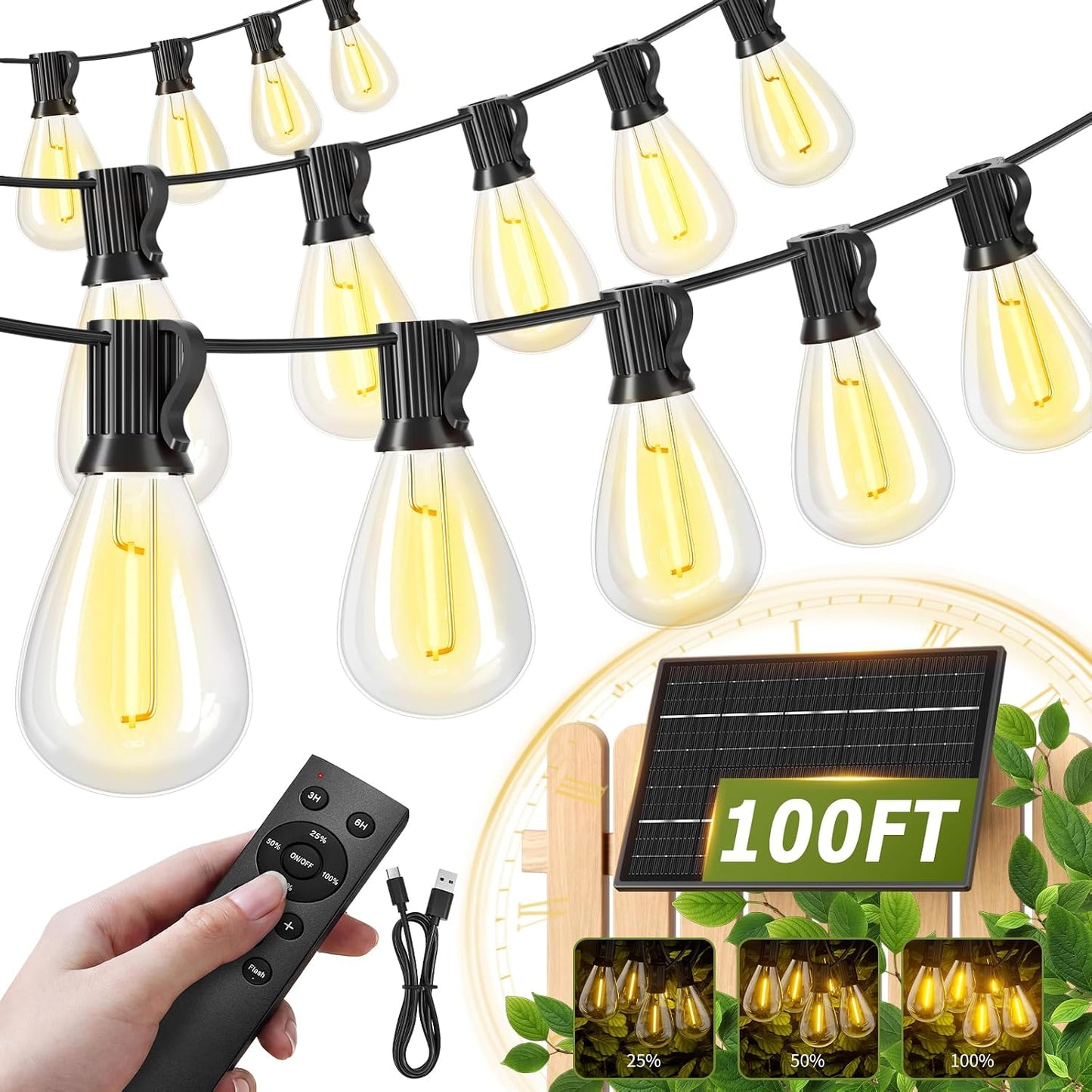 100FT Solar String Lights Outdoor Waterproof, 35+1 LED Shatterproof Bulbs Solar Powered with Remote & USB Port, 3 Light Modes Dimmable Patio Lights for Backyard, Garden, Camping