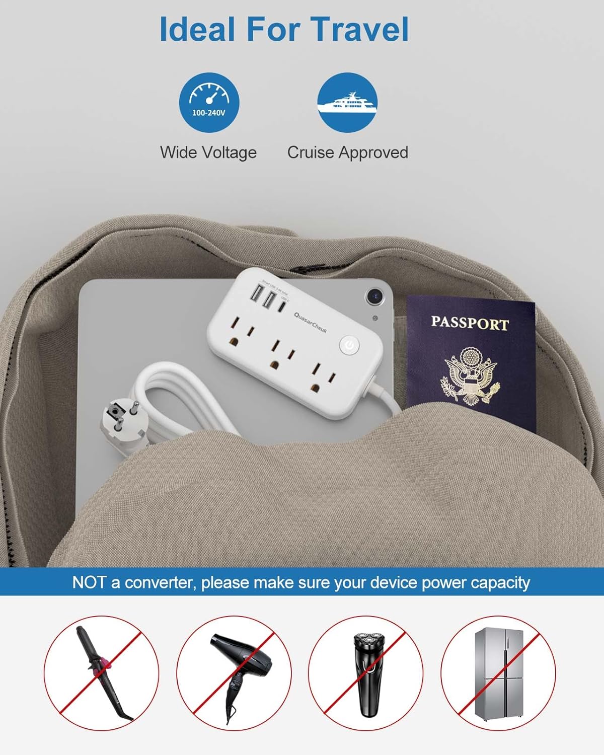Type E/F Plug Adapter, European Plug Adapter, Germany France Travel Adapter | 3 USB, 3 Outlets, Portable, 4000W, USB-C(15W), 4FT, Schuko Plug for US to Europe EU Spain Iceland Korea Greece Norway Russia