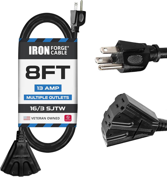 Iron Forge Cable 16 Gauge Black Extension Cord Multi Outlet, 8 Ft - SJTW