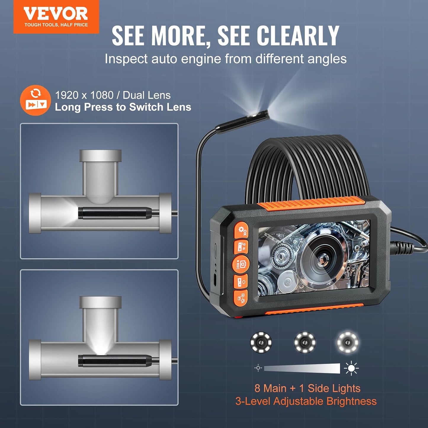 VEVOR Endoscope Camera with Light, Dual Lens Industrial Borescope, 4.3" Screen 1080P Inspection Camera, 8 + 1 Lights, 4X Zoom, IP67 Waterproof Snake Camera for Auto, Plumbing (16.4FT Cable, 32GB Card)