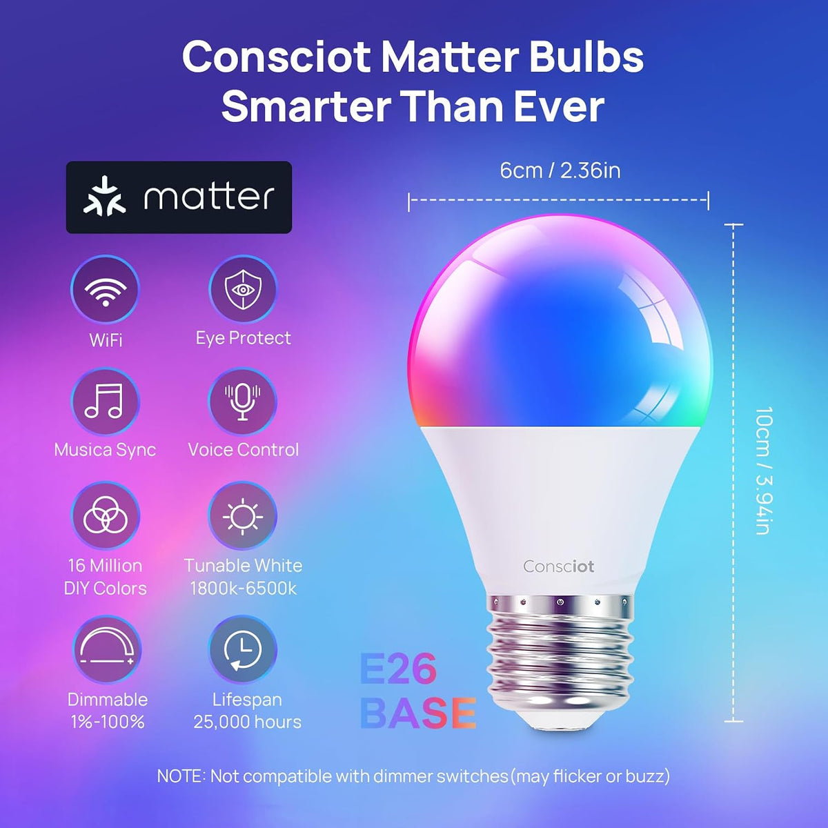 Consciot Smart Light Bulbs, WiFi Bluetooth Color Changing LED Light Bulb, Music Sync, 60W Equivalent Smart Bulb, A19 E26 RGBTW Light Bulbs That Works with Alexa/Google Home/Apple Home/Siri, 3 Pack