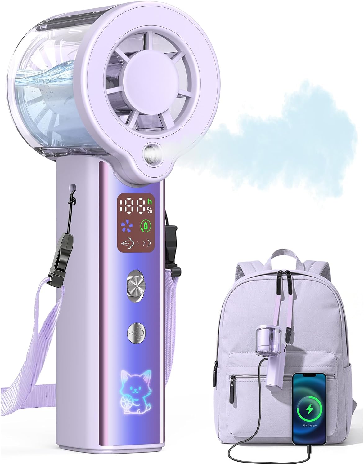 Portable Misting Fan with Mist, 3-in-1 Rechargeable Handheld 4000mAh | Adjustable mist mode, 100-speed wind control, LED display, power bank function, 30000RPM, compact & lightweight