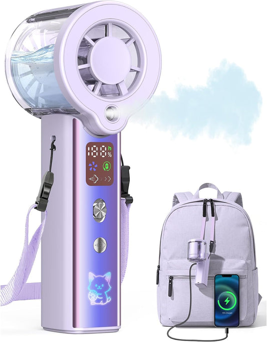 Portable Misting Fan with Mist, 3-in-1 Rechargeable Handheld 4000mAh | Adjustable mist mode, 100-speed wind control, LED display, power bank function, 30000RPM, compact & lightweight