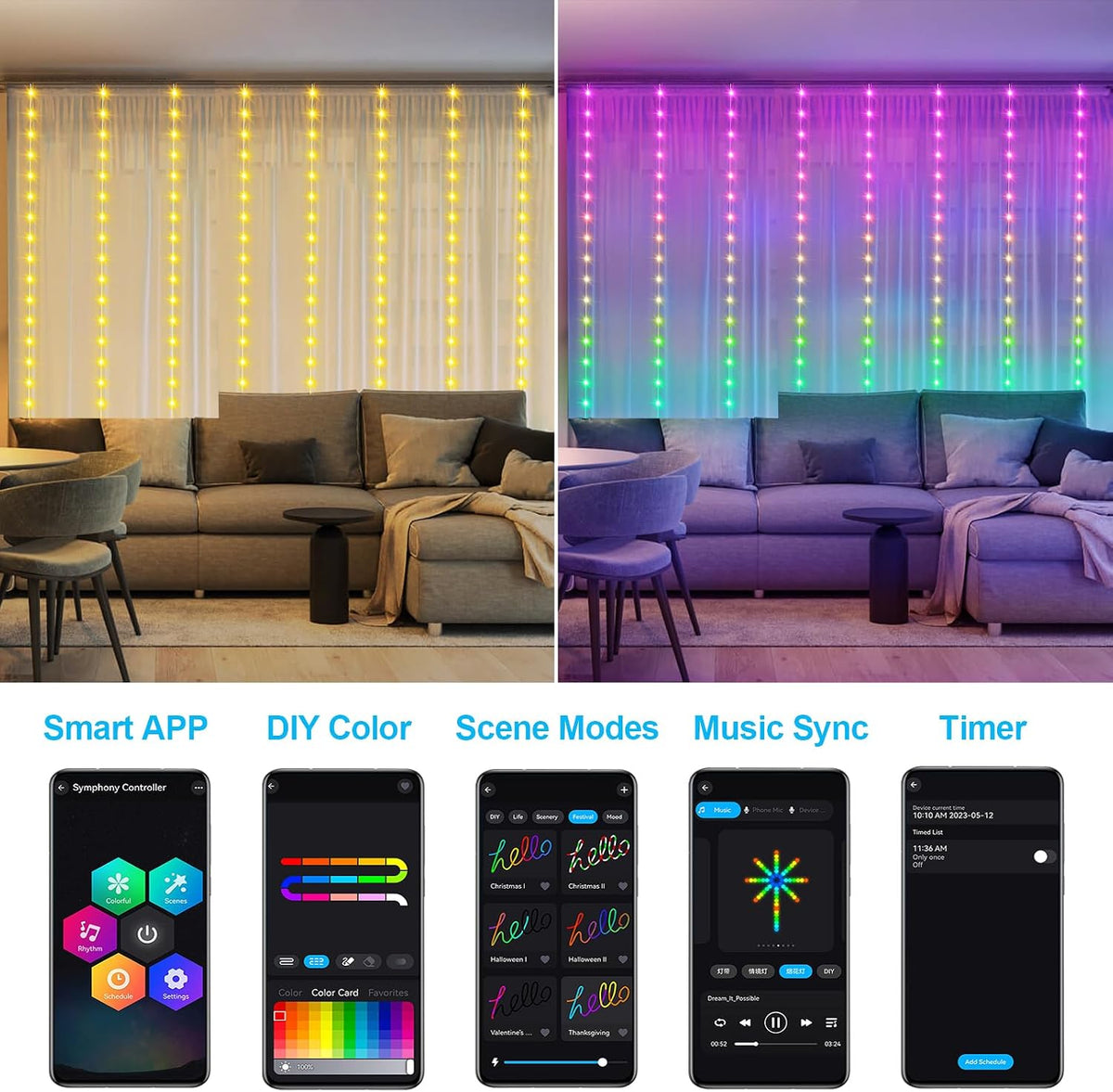 Smart Curtain Lights RGB 5050 Built in Chip with APP Remote Control | 8Ft x 6Ft 144LED Color Changing Fairy Lights with Music Sync, USB Powered Curtain Light for Party Patio Garden Decor