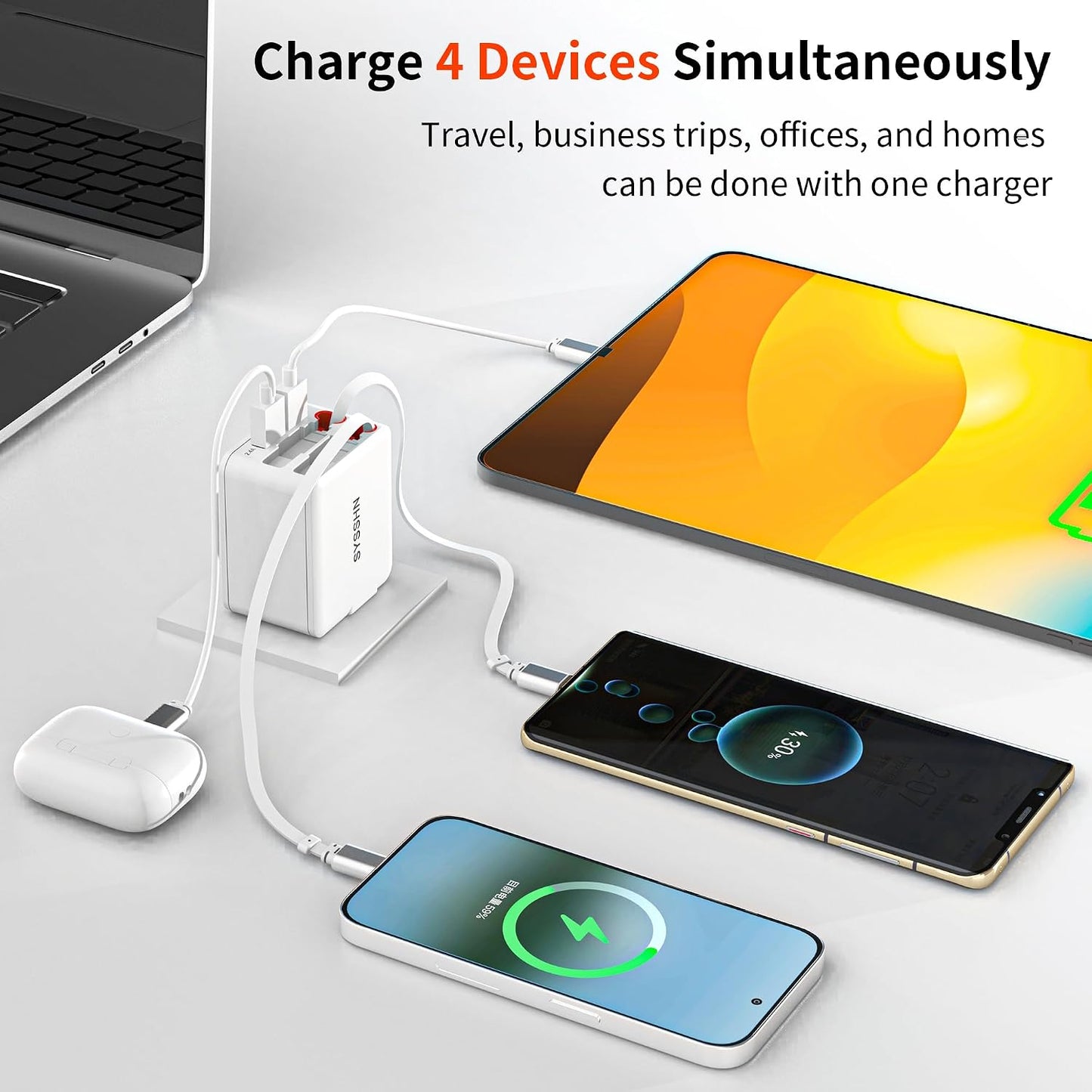4-in-1 Retractable Wall Charger 45W USB C iPhone Charger with Dual Cables for Multiple Devices Foldable Plug Charger Block for iPhone 17/16/15/14/iPad/Galaxy/Pixel/AirPods