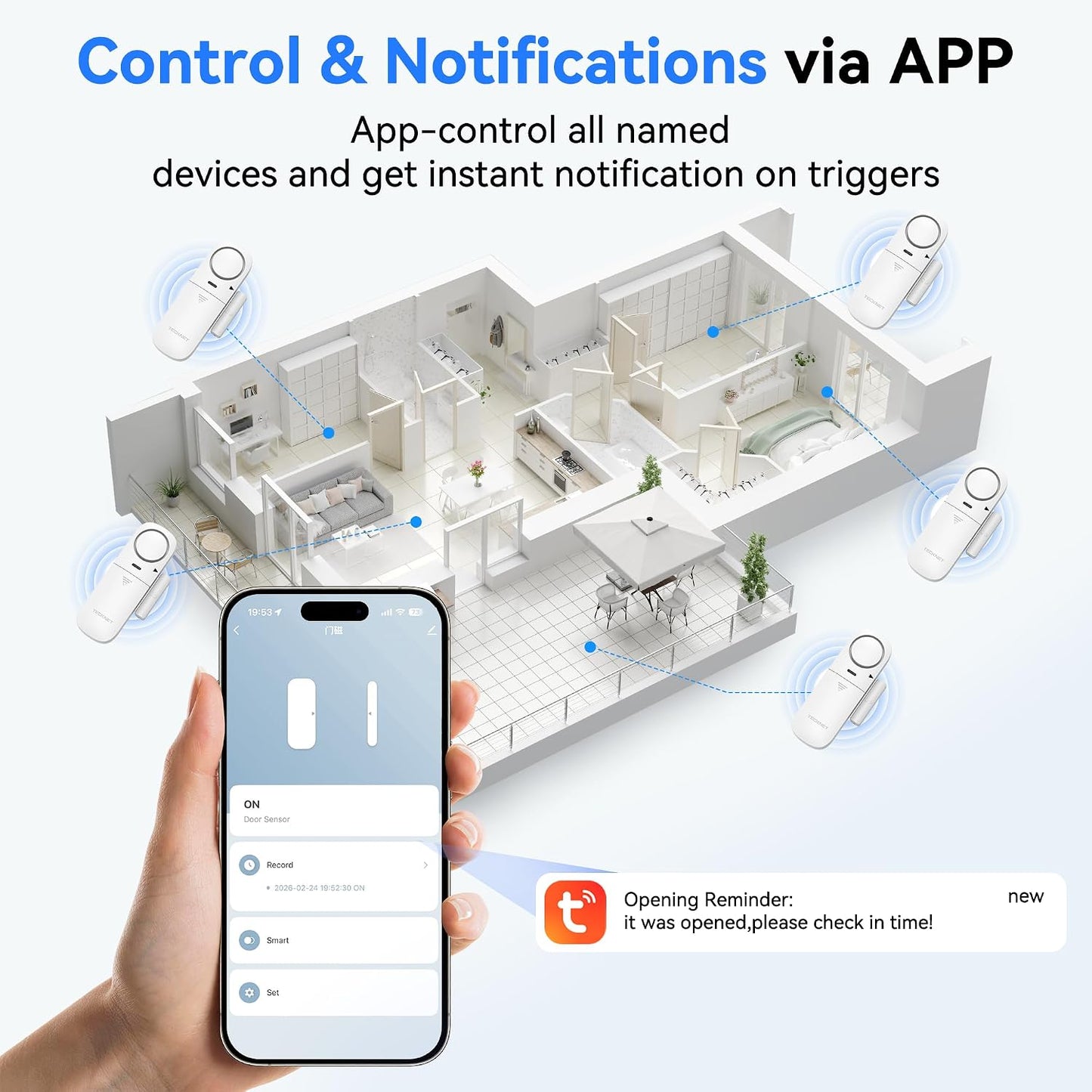 TECKNET Door Alarms When Opened, 2.4G WiFi Smart Door Sensor Alarm & Chime, App Alerts, Door Alarms for Kids Safety, Wireless Window Alarms for Home Security Systems for House, Pool, Sheds, 2 PCS