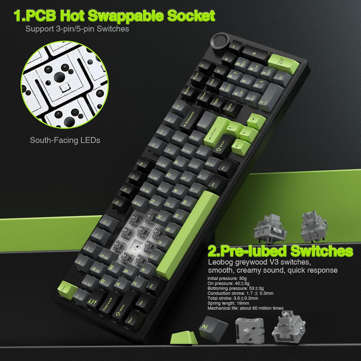 AULA F99 Pro Wireless Mechanical Keyboard with Knob,Creamy Sound,Tri-Mode BT5.0/USB-C/2.4GHz Hot Swappable Keyboard,Gasket Structure,RGB Backlit Computer Gaming Keyboards