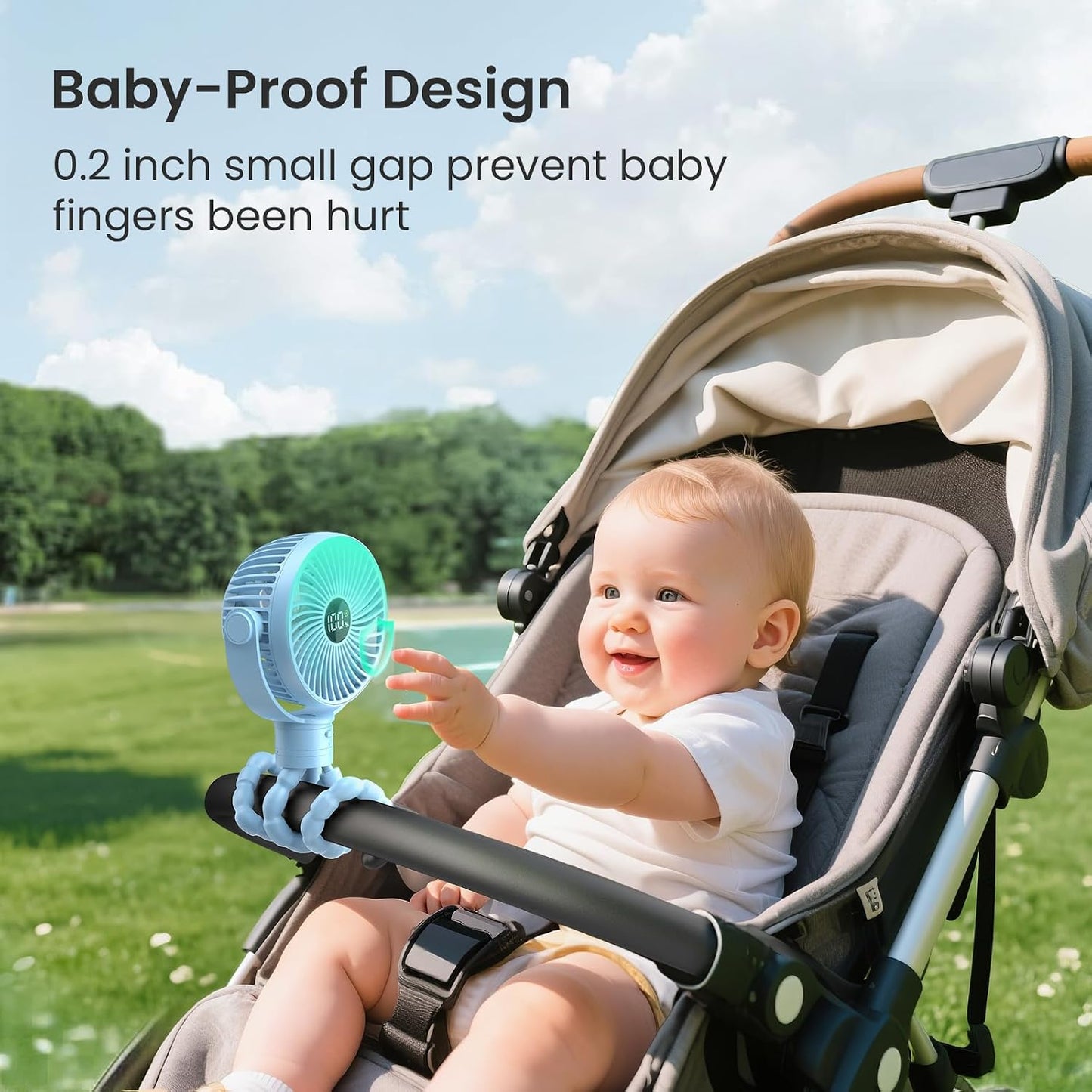 Coohea Portable Stroller Fan, 25H Long-lasting, 4 Speed, Night Light, Blue | 4000mAh Rechargeable Battery Powered Fan, Head Detachable 360° Rotate Mini Fan, Easy to Wrap for Car Seat Crib Bike Treadmill