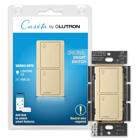Lutron Caseta Smart Light Switch for Lighting and Fans (Smart Hub Required) | For Caseta systems, smart switch for any bulbs, 6 amp, single-pole/3-way, neutral required, PD-6ANS-IV, Ivory
