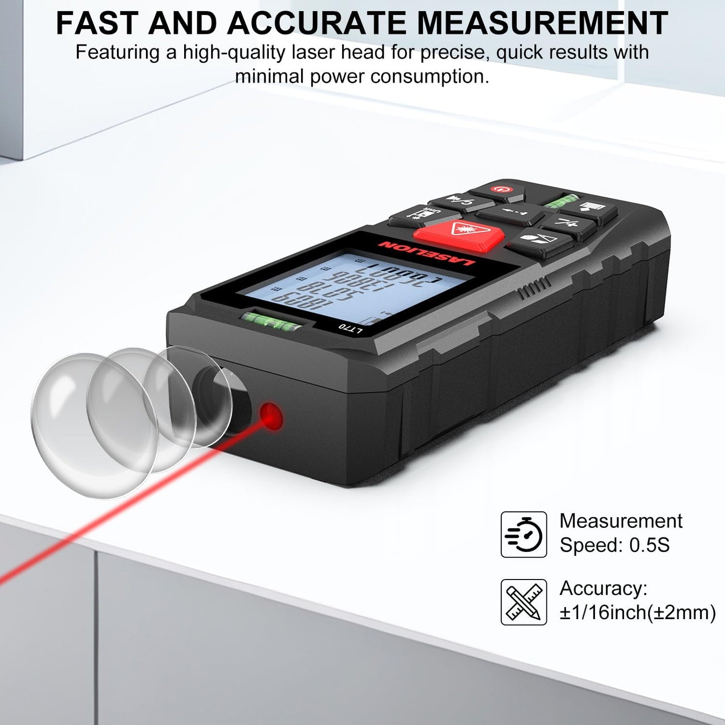 LT70 Laser Measure, 229ft/70m Laser Measurement Tool, with 2 Bubble Levels, Measuring Tool 4 Units Conversion、LCD Backlit Display, IP54 Waterproof, Pythagorean Mode for Distance, Area, Volume