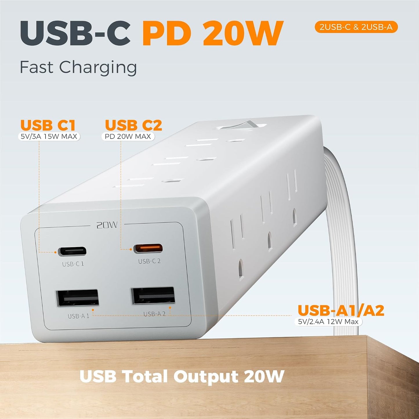 TESSAN Surge Protector Power Strip with 1050J Protection, 6 Ft, Grey | 9 Outlets with 4 USB (2 USB C), Flat Plug Extension Cord, 20W Multiple Charging Station for Home, Office, College Dorm Room