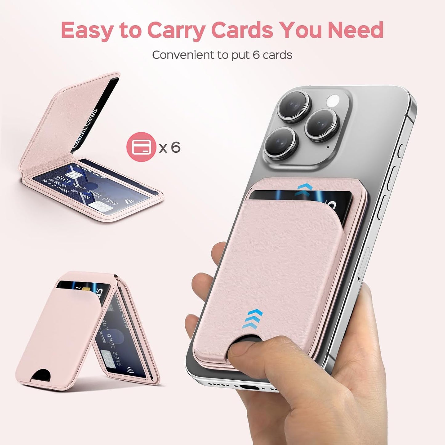 QYQBOON Mag-Safe Wallet for Women Strongest Magnetic Lightweight Phone Wallet Stand Adjustable Leather Card Holder for iPhone 17/16/15/14/13/12 Series, Not for iPhone 13/12 Mini (Pink)
